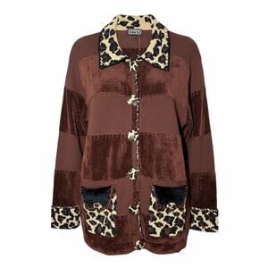 Berek Sweater Womens L Brown Animal Print Leopard Beaded Cardigan Button Vintage